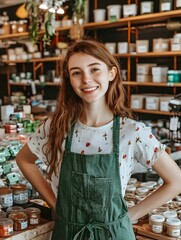 Fototapeta premium Smiling young woman in green apron working in a shop. She is standing with her hands on her hips. Jars of products are on the shelves and counter.