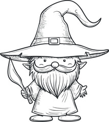 A whimsical cartoon gnome wizard with a long beard and pointy hat holding a wand.