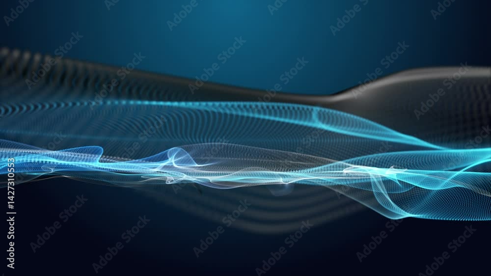 Poster futuristic video animation with particle wave object in slow motion, 4096x2304 loop 4k