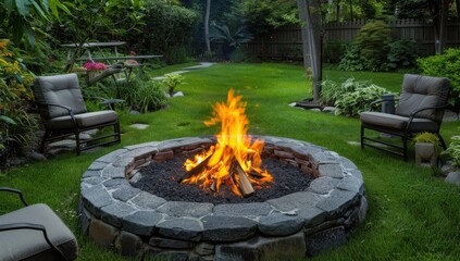 An elegant backyard garden design featuring a large stone fire pit, comfortable chairs, and lush green lawn.