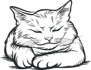 A stylized black and white illustration of a sleeping cat resting peacefully.