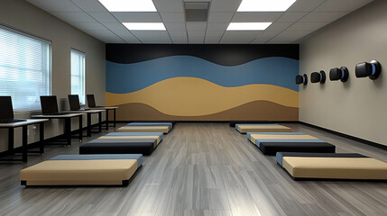 Virtual reality demonstration room mural depicts immersive business simulation through abstract VR headset digital landscape piece energizes wall behind interactive station blending futuristic design