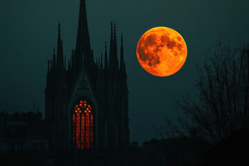 Fototapeta premium Super blood moon rising over St. Vive Cathedral in Paris, France, on March .