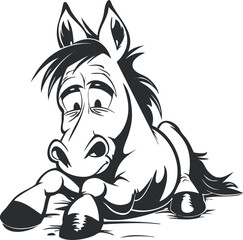A cartoon illustration of a lazy horse lying down with a bored expression.