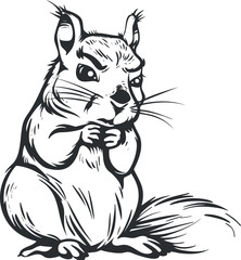 Stylized black and white illustration of a playful squirrel with expressive features.