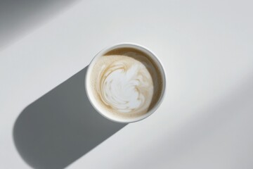 Top view of a cup of latte with a beautiful swirl pattern on a minimalistic gray background.