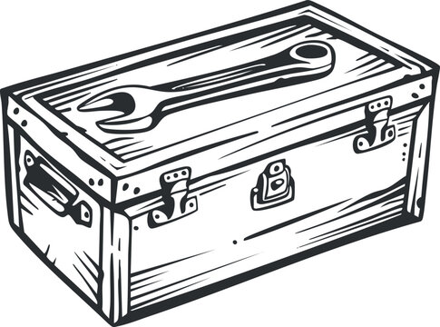 A vintage wooden toolbox featuring a wrench design on the lid ideal for repair and handyman work.