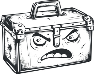 An illustrated angry toolbox with exaggerated facial features expressing frustration and humor.