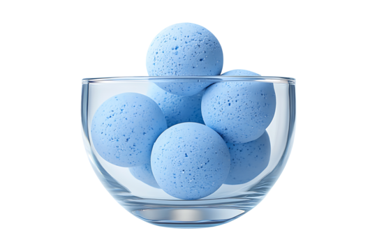 A glass bowl filled with blue bath bombs isolated on transparent background
