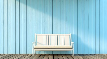 White bench against a light blue wooden wall. Peaceful and serene scene. Perfect for home decor, websites, or blogs.