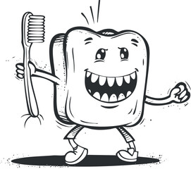 A cheerful cartoon tooth character holding a toothbrush, promoting dental hygiene and health.