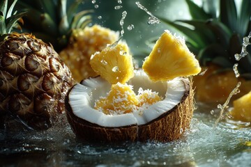Fresh tropical coconuts and pineapples with splashes of water, evoking a refreshing summer vibe.