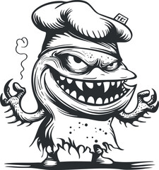 A humorous cartoon monster chef with an exaggerated grin and playful design, perfect for food-related themes.