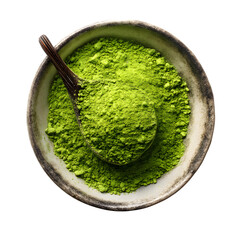 Matcha green powder in bowl, tea isolated on white background, top view --v 7.0