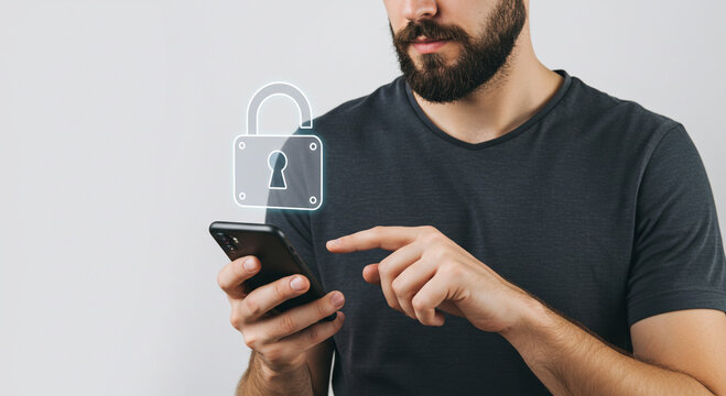 Man using smartphone with digital padlock overlay for security and data protection concept shown