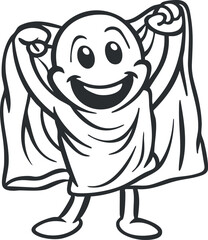 A cheerful cartoon character in a blanket superhero costume celebrating with joy and imagination.
