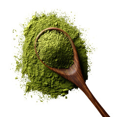 Matcha green powder pile, tea in wooden spoon isolated on black background, top view --v 7.0
