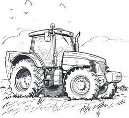 A detailed sketch of a tractor in a rural landscape, perfect for agricultural themes.