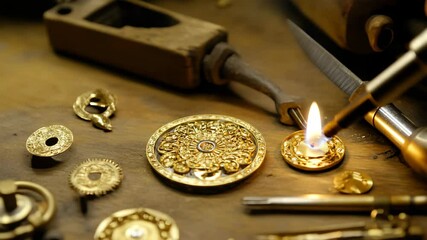 Goldsmith soldering intricate gold watch parts.