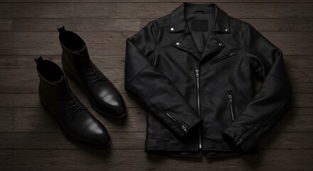 A stylish black leather jacket and a pair of polished leather boots laid out on a rustic wooden surface, with a minimalistic vibe