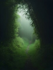 Fototapeta premium Mysterious path through foggy bamboo forest. A tranquil, green escape into nature's embrace.