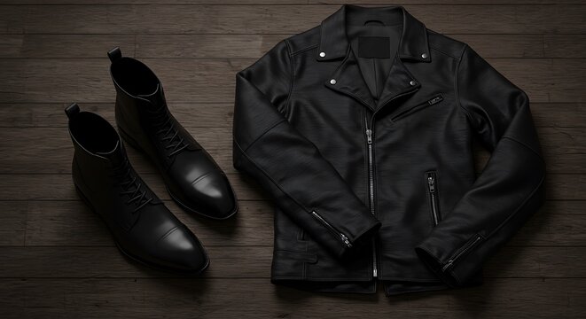 A stylish black leather jacket and a pair of polished leather boots laid out on a rustic wooden surface, with a minimalistic vibe