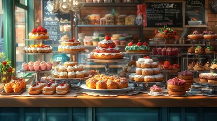 An enchanting assortment of delectable pastries displayed in a cozy bakery setting