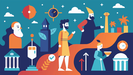 A journey through time with stoic principles depicted in various historical eras.. Vector illustration