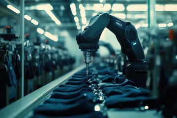 Robotic arm assembling clothing in a modern industrial setting, showcasing advanced manufacturing technology.