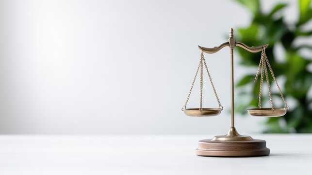 A golden scale of justice balanced on a wooden base in a minimalistic indoor setting, soft focus background with green plant, and legal concept.