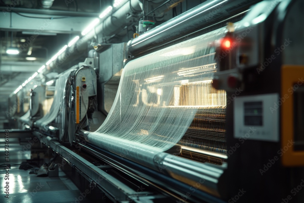 Poster a close-up view of a textile machine in action, showcasing intricate weaving processes with dynamic 