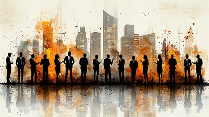 Business themed mural celebrating teamwork growth modern office artwork feature minimalist silhouette of professional discussion against backdrop of warm earth tone unexpected splash of vibrant orange