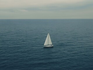 Lonely sailboat on a vast, deep blue ocean under a cloudy sky.  Perfect for travel, adventure, freedom, and solitude themes.