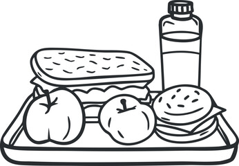 A simple illustration of a lunch tray featuring a sandwich apples snacks and a beverage.