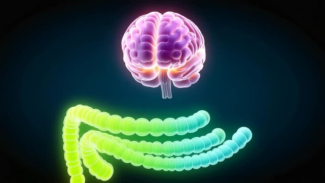 Microbiome-mind bridge, Gut health essentials connect mind and gut animation, gut-brain line visuals for gut health essentials clarity, mood balance via gut health essentials signals