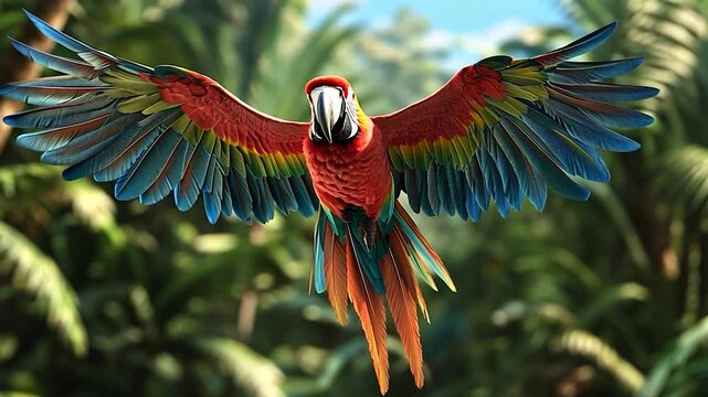 Vibrant Parrot in Flight Showcasing Colorful Feathers against Lush Green Foliage
