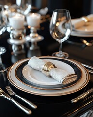 Elegant dinner setting with gold accents, featuring white plates, crystal glassware, and tasteful decor.