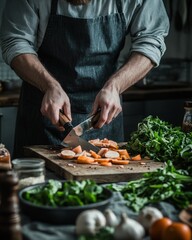 A male chef skillfully chopping fresh vegetables in a rustic kitchen, showcasing culinary artistry.