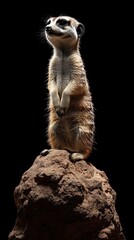 Fototapeta premium A vigilant meerkat stands atop a rocky mound, showcasing its curious expression against a dark background.
