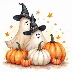 Adorable Watercolor Halloween Ghosts with Witch Hats and Pumpkins