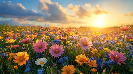 Fototapeta premium Photo Of Wildflower Meadow At Sunset With Colorful Blossoms And A Golden Sky