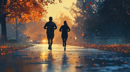 Fototapeta premium Silhouetted couple jogging on wet pavement amidst falling autumn leaves in rain