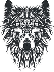 Stylized black and white illustration of a wolf's head with intricate detailing and design.