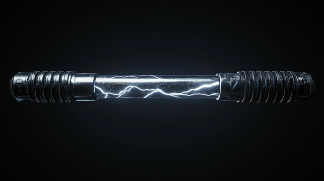 Futuristic glowing energy rod with electric lightning effect suspended in dark space, sci fi concept design.