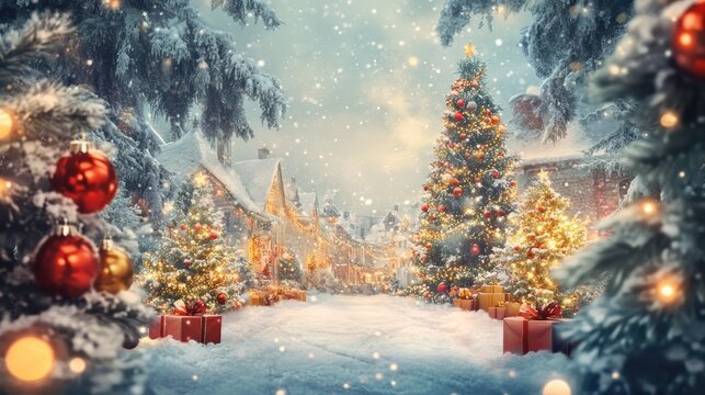 Festive winter scene: A charming village adorned with christmas trees and snow