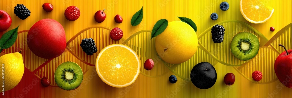 Poster bright fruits arranged in spiral pattern resembling dna on vivid yellow and orange backdrop during s