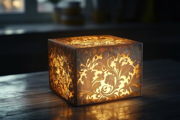 A beautifully crafted illuminated decorative lamp casting intricate shadows in a cozy interior setting.