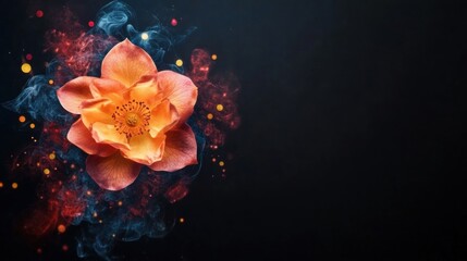 A lively orange flower blooms amid swirling colorful smoke and bright particles, creating a striking contrast against a dark backdrop