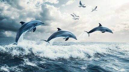 Obraz premium Dolphins leaping amidst ocean waves under a cloudy sky with flying seagulls