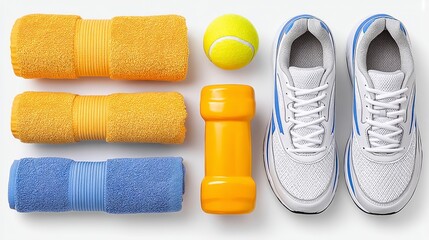 Overhead View of Athletic Gear Featuring White Shoes and Yellow Accessories On White Surface